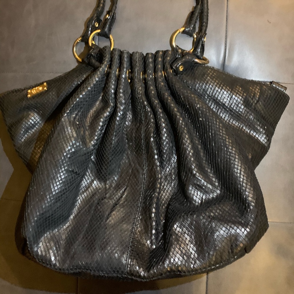 Italian Leather Handbag in Black with Red Lining